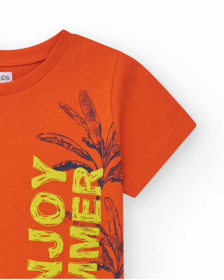 Orange boys' T-shirt with leaf print.