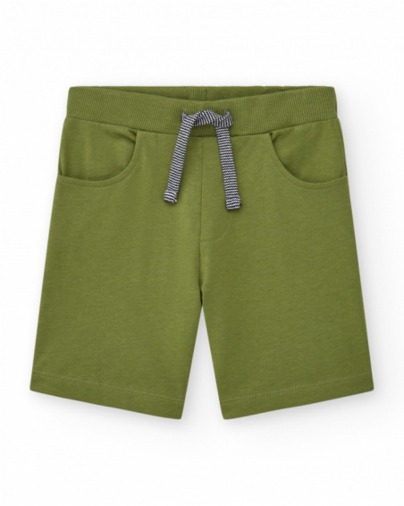 Olive green boys' Bermuda shorts with adjustable waist and pockets.