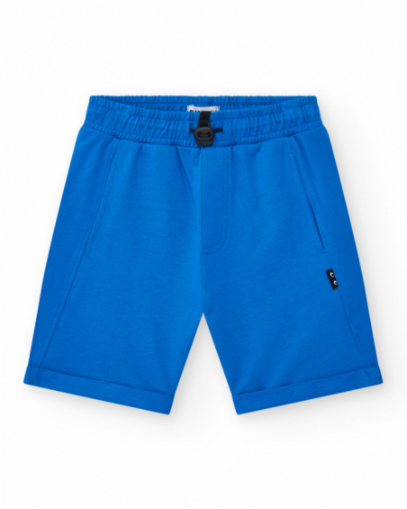 Blue boys' Bermuda shorts with an adjustable waist and pockets.