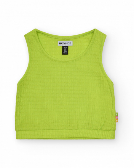 Green sleeveless girls' top with textured fabric.