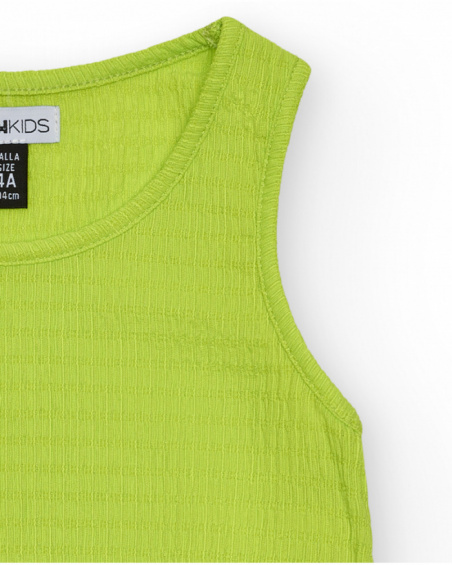 Green sleeveless girls' top with textured fabric.