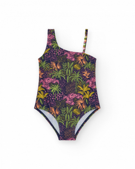 Navy blue girls' swimsuit with an asymmetric design and a tropical print.
