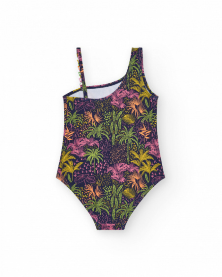 Navy blue girls' swimsuit with an asymmetric design and a tropical print.