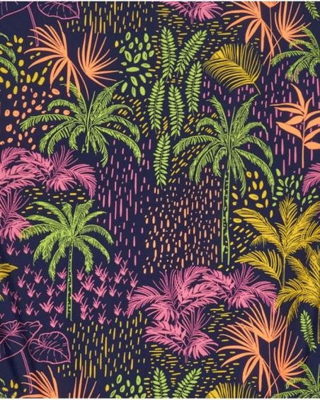 Navy blue girls' swimsuit with an asymmetric design and a tropical print.
