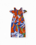 Orange girls' long jumpsuit with off-the-shoulder design.