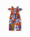 Orange girls' long jumpsuit with off-the-shoulder design.