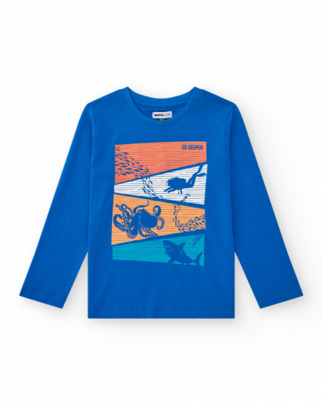 Boys' long-sleeve T-shirt in blue with a marine print.