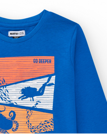 Boys' long-sleeve T-shirt in blue with a marine print.