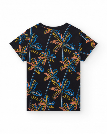 Black T-shirt for boys with a tropical print.