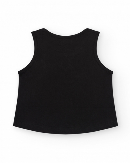 Black sleeveless T-shirt for girls with a front print.
