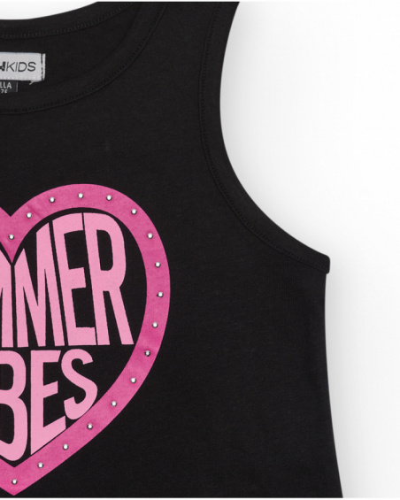Black sleeveless T-shirt for girls with a front print.