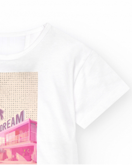 White T-shirt for girls with a front print in pink and violet.