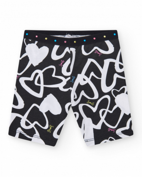 Black cycling leggings for girls with printed hearts and a waistband decorated with studs.