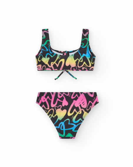 Black bikini for girls with printed hearts and a decorative bow.