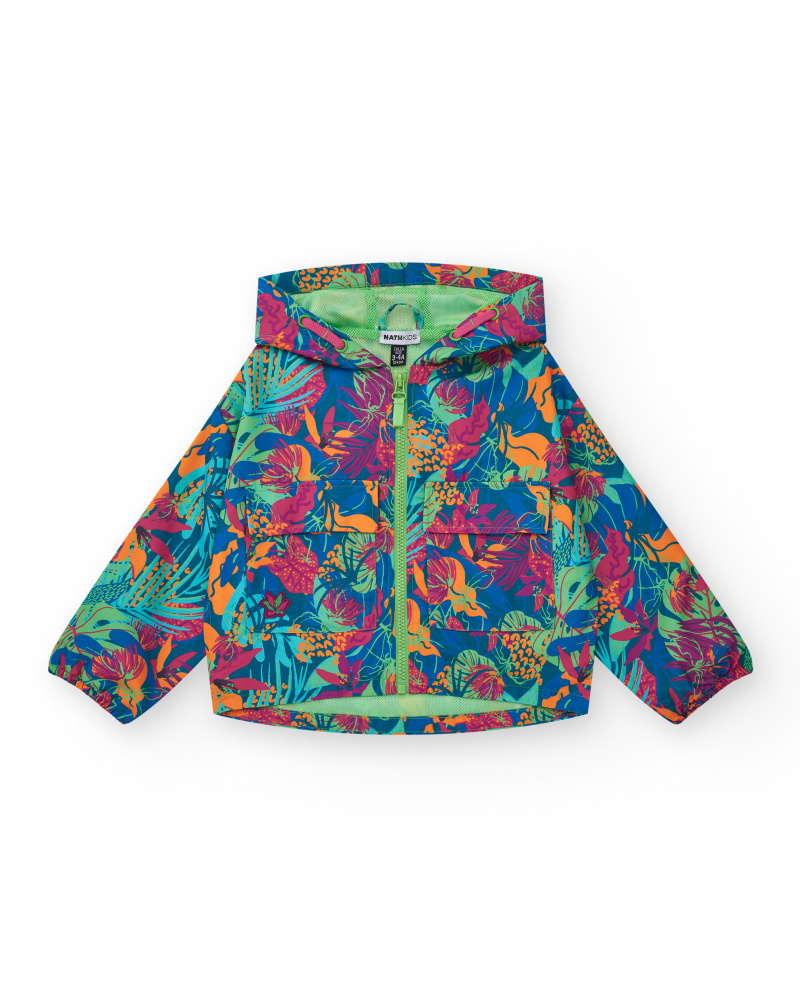 Tropical-print windbreaker for girls with a hood and zipper.