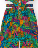Tropical-print jumpsuit for girls with front buttons and side openings.
