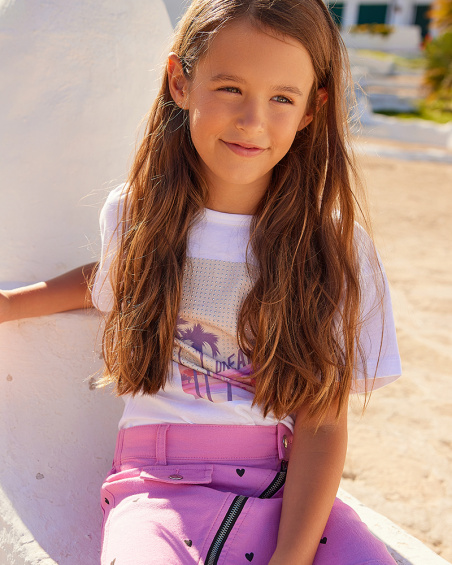 White T-shirt for girls with a front print in pink and violet.