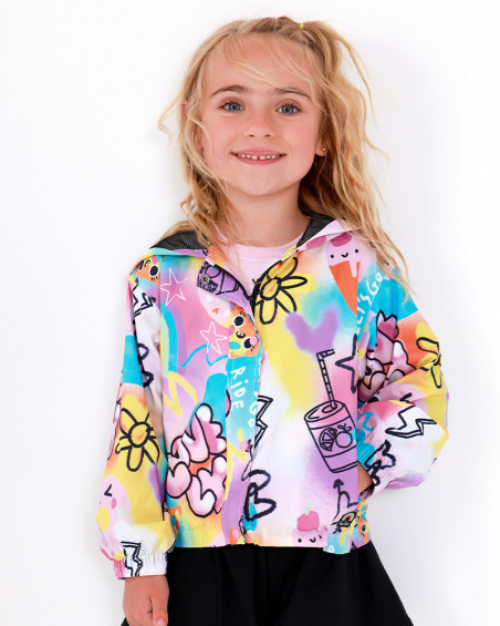 Pink windbreaker for girls with floral and lightning print