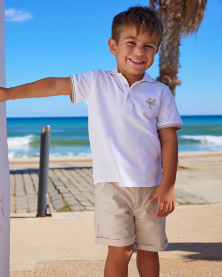 White polo shirt for boys with contrasting trims and embroidery