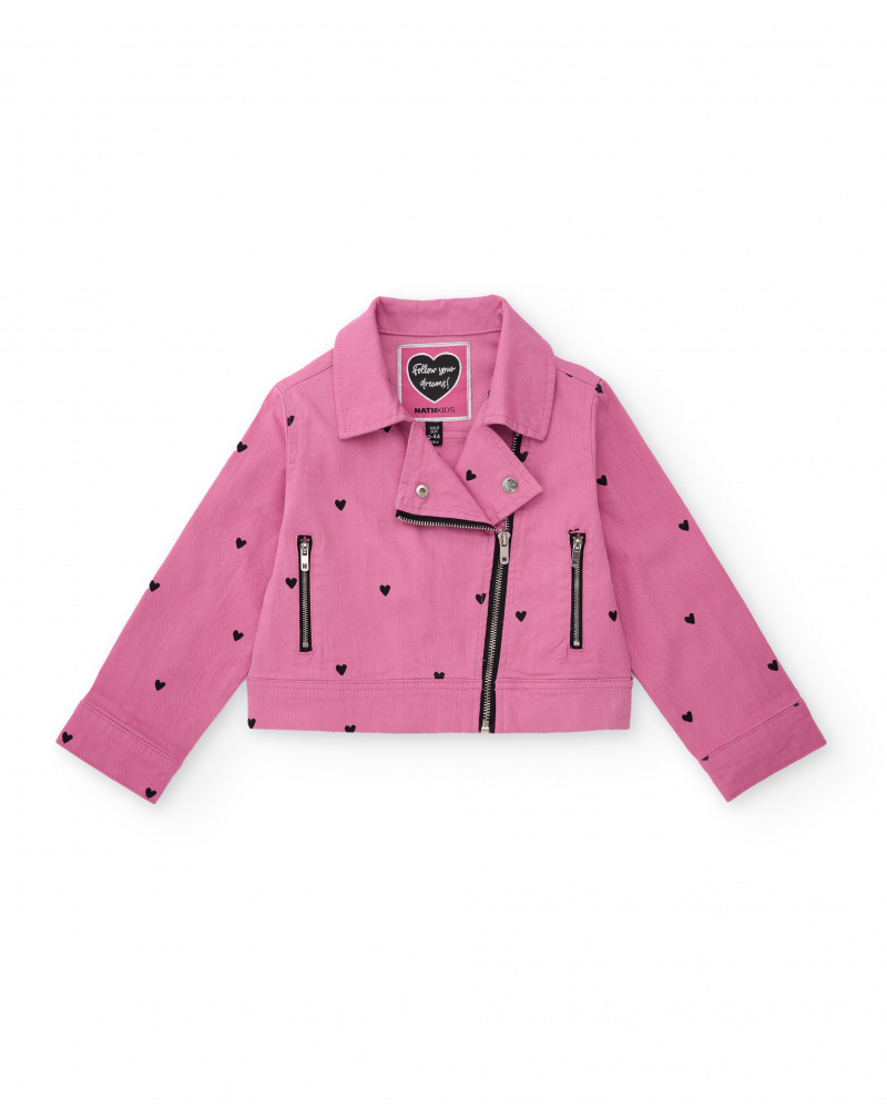 Girl's pink biker jacket with heart print