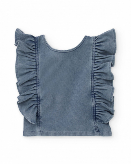Girl’s blouse in blue denim with ruffles on shoulders