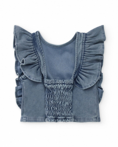 Girl’s blouse in blue denim with ruffles on shoulders