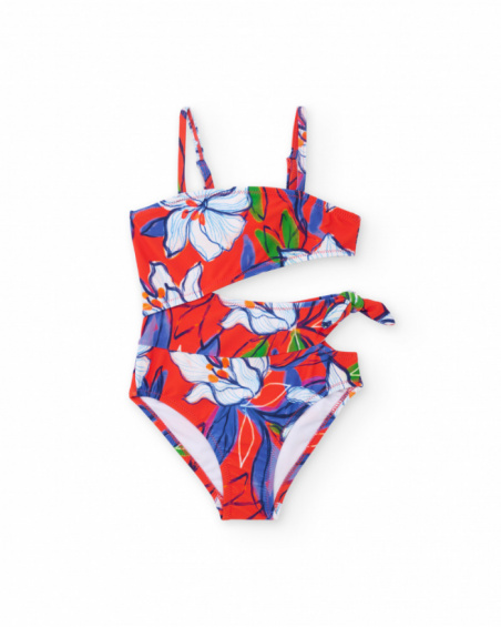 Girl’s swimsuit in red with floral print and asymmetric detail