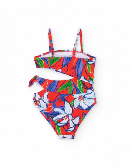 Girl’s swimsuit in red with floral print and asymmetric detail