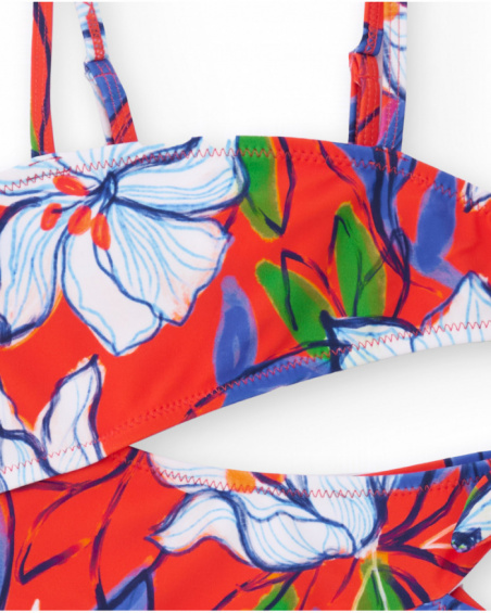 Girl’s swimsuit in red with floral print and asymmetric detail