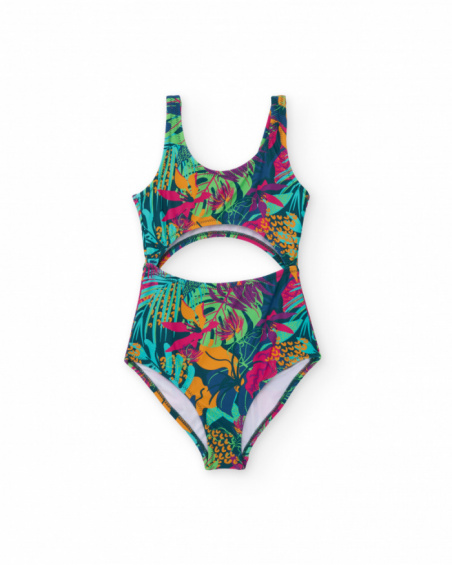 Girl’s swimsuit in multicolor with tropical print and cut-out