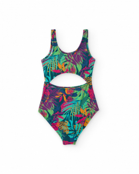 Girl’s swimsuit in multicolor with tropical print and cut-out