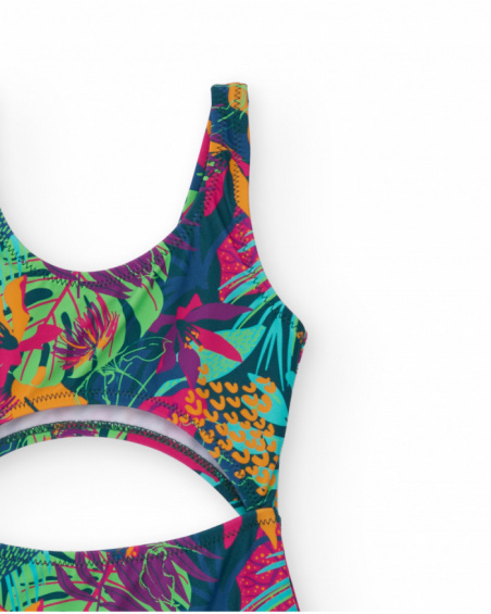 Girl’s swimsuit in multicolor with tropical print and cut-out