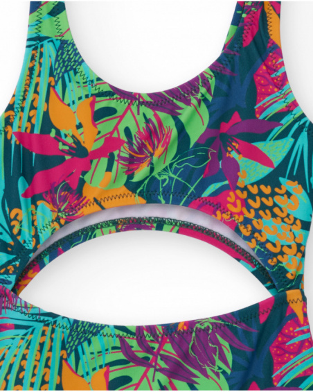 Girl’s swimsuit in multicolor with tropical print and cut-out