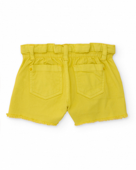 Girls’ yellow denim shorts with frayed hem and floral embroidery