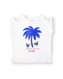 White t-shirt with blue palm tree and cut-out shoulders for girls White t-shirt with blue palm tree and cut-out shoulders for girls