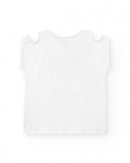White t-shirt with blue palm tree and cut-out shoulders for girls White t-shirt with blue palm tree and cut-out shoulders for girls