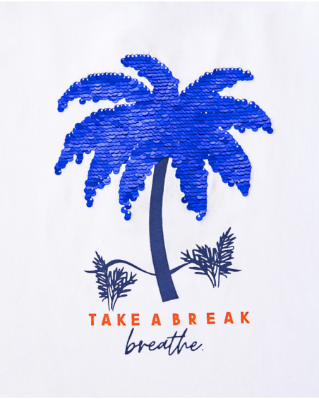 White t-shirt with blue palm tree and cut-out shoulders for girls White t-shirt with blue palm tree and cut-out shoulders for girls