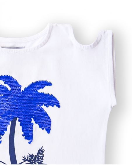 White t-shirt with blue palm tree and cut-out shoulders for girls White t-shirt with blue palm tree and cut-out shoulders for girls