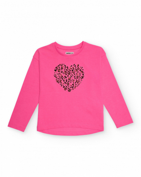 Fuchsia long-sleeve T-shirt for girls with animal print heart