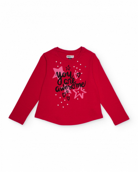 Fuchsia long-sleeved t-shirt for girls with stars and hearts print