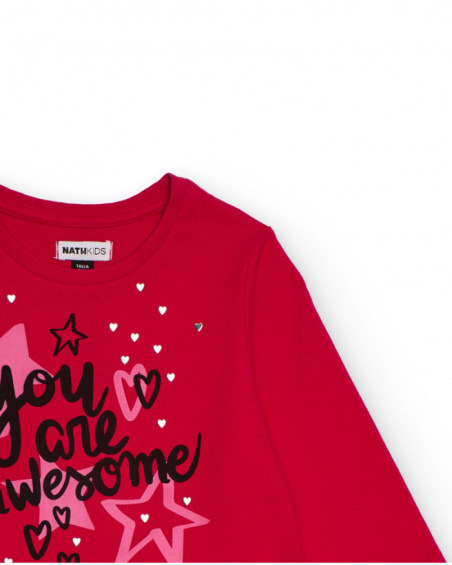 Fuchsia long-sleeved t-shirt for girls with stars and hearts print