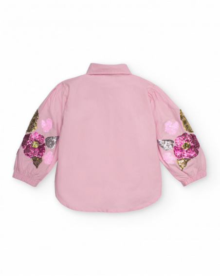 Pink shirt for girls with floral embroidery on sleeves