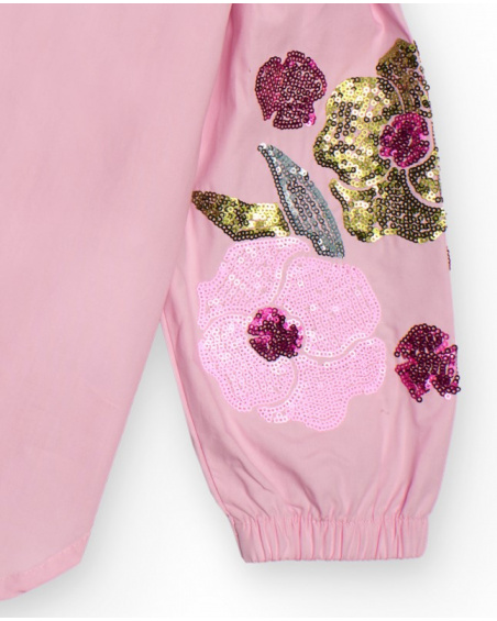 Pink shirt for girls with floral embroidery on sleeves