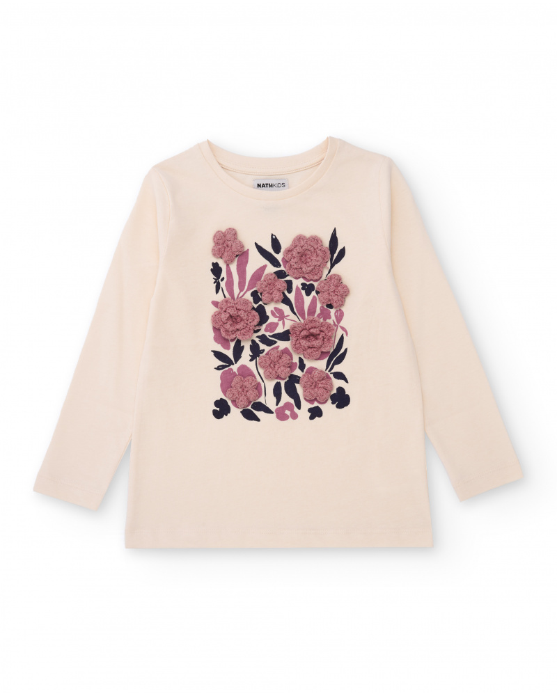 Long-sleeved off-white t-shirt for girls with floral appliqués