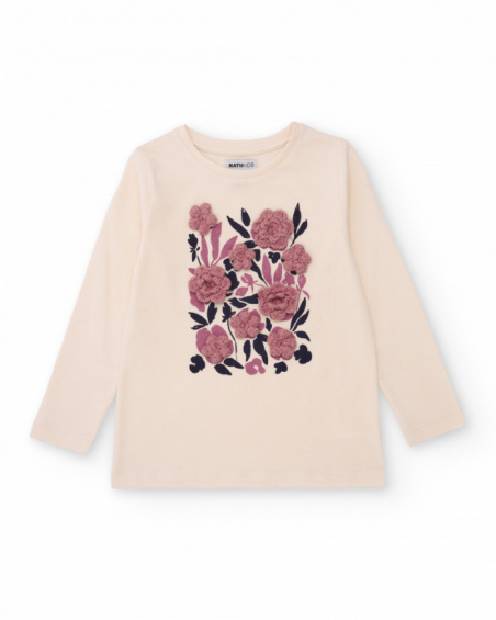 Long-sleeved off-white t-shirt for girls with floral appliqués