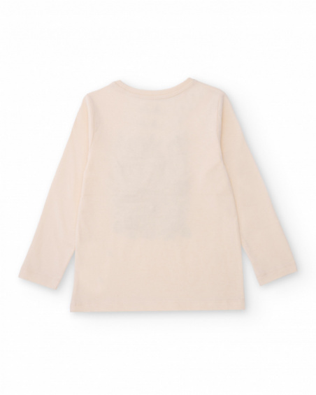 Long-sleeved off-white t-shirt for girls with floral appliqués