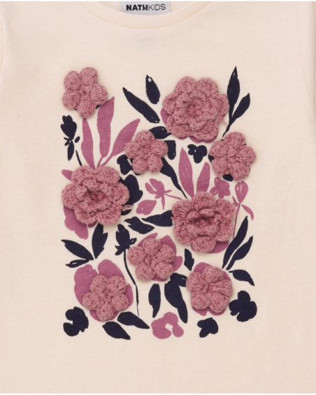 Long-sleeved off-white t-shirt for girls with floral appliqués