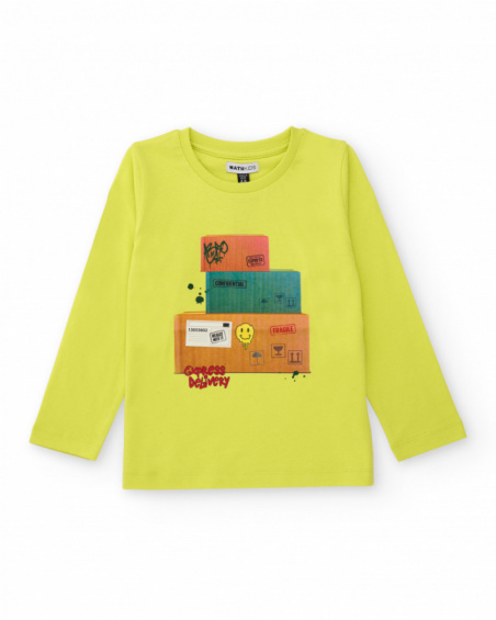 Lime green long sleeve T-shirt for boys with box print