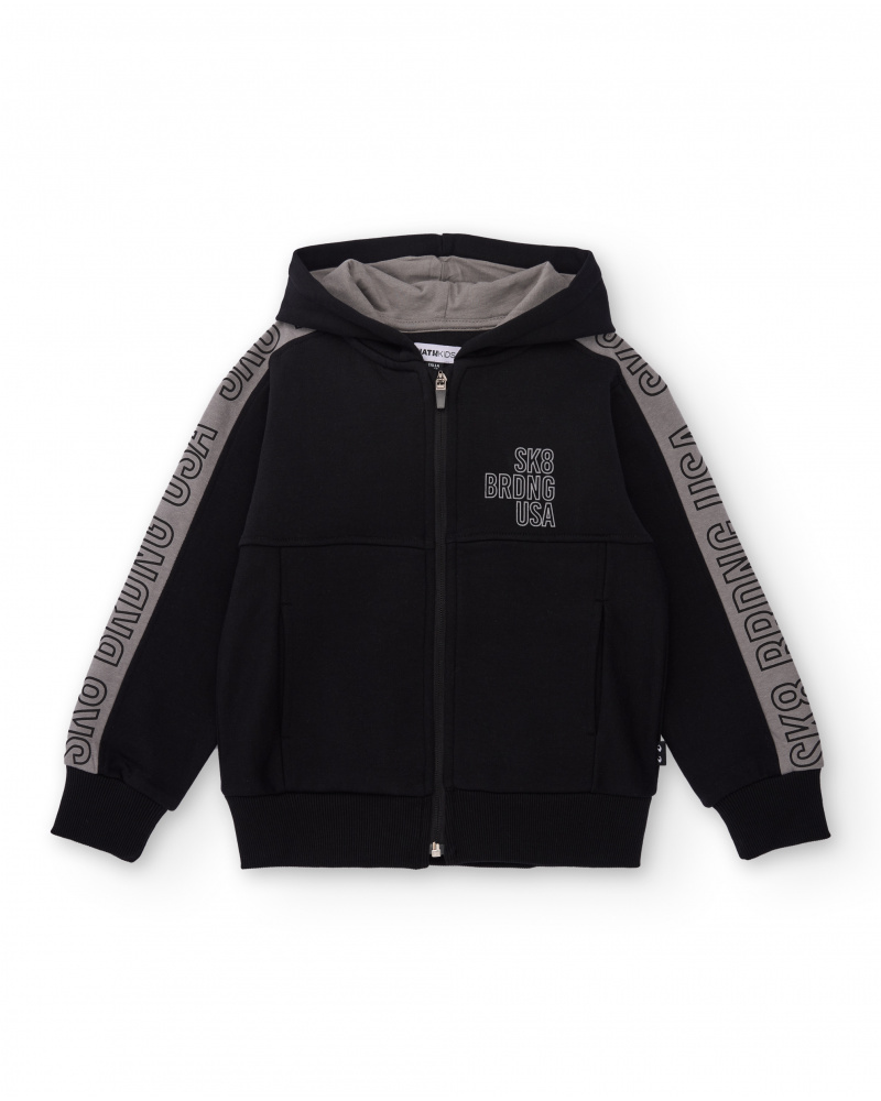 Black hoodie for boys with side stripes and print