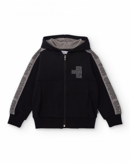 Black hoodie for boys with side stripes and print